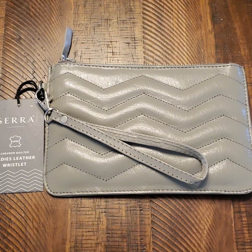 Serra gray leather quilted wristlet